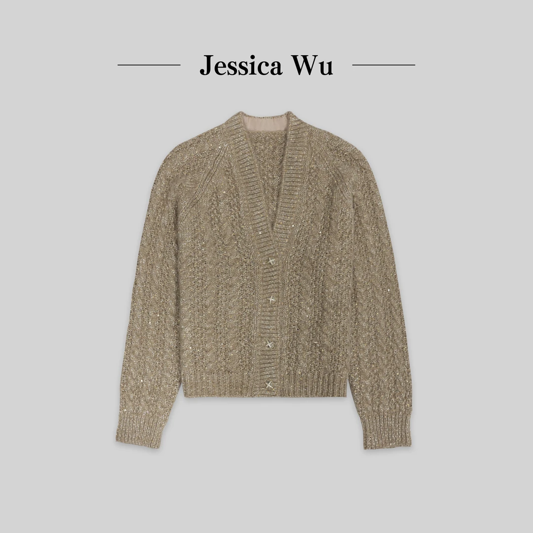 JESSICA WU矜贵的爱不释手~意大利纱金棕色星闪针织开衫254504016