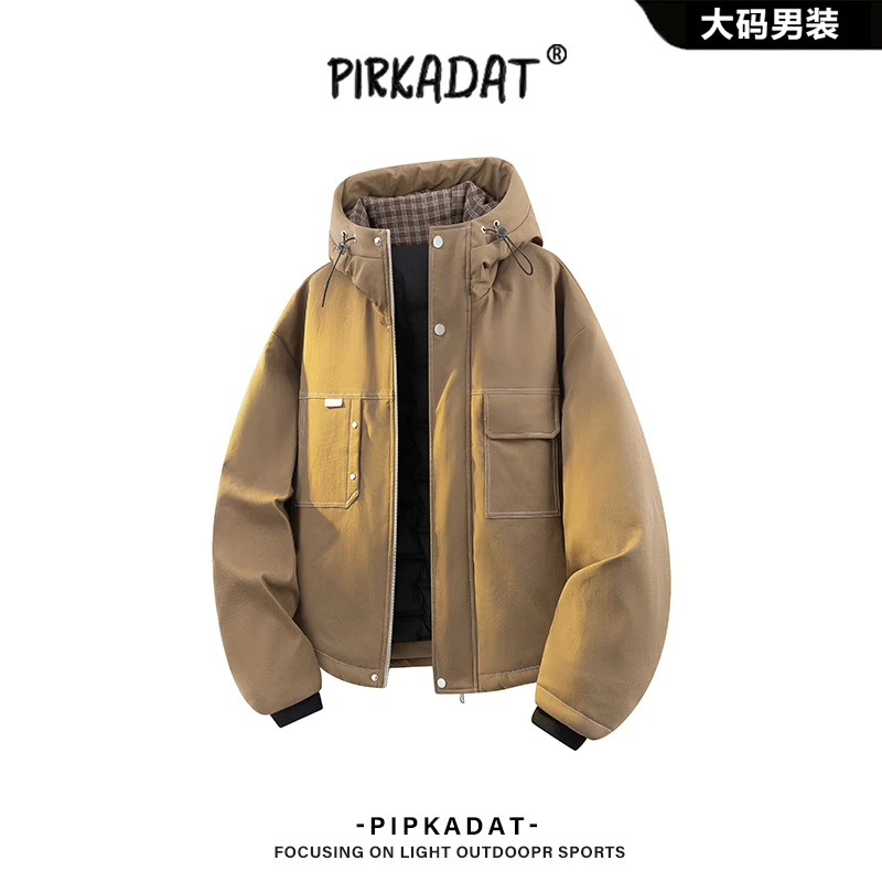 pirkadat新款复古风连帽羽绒服冬季纯色男士外套休闲潮流宽松上衣