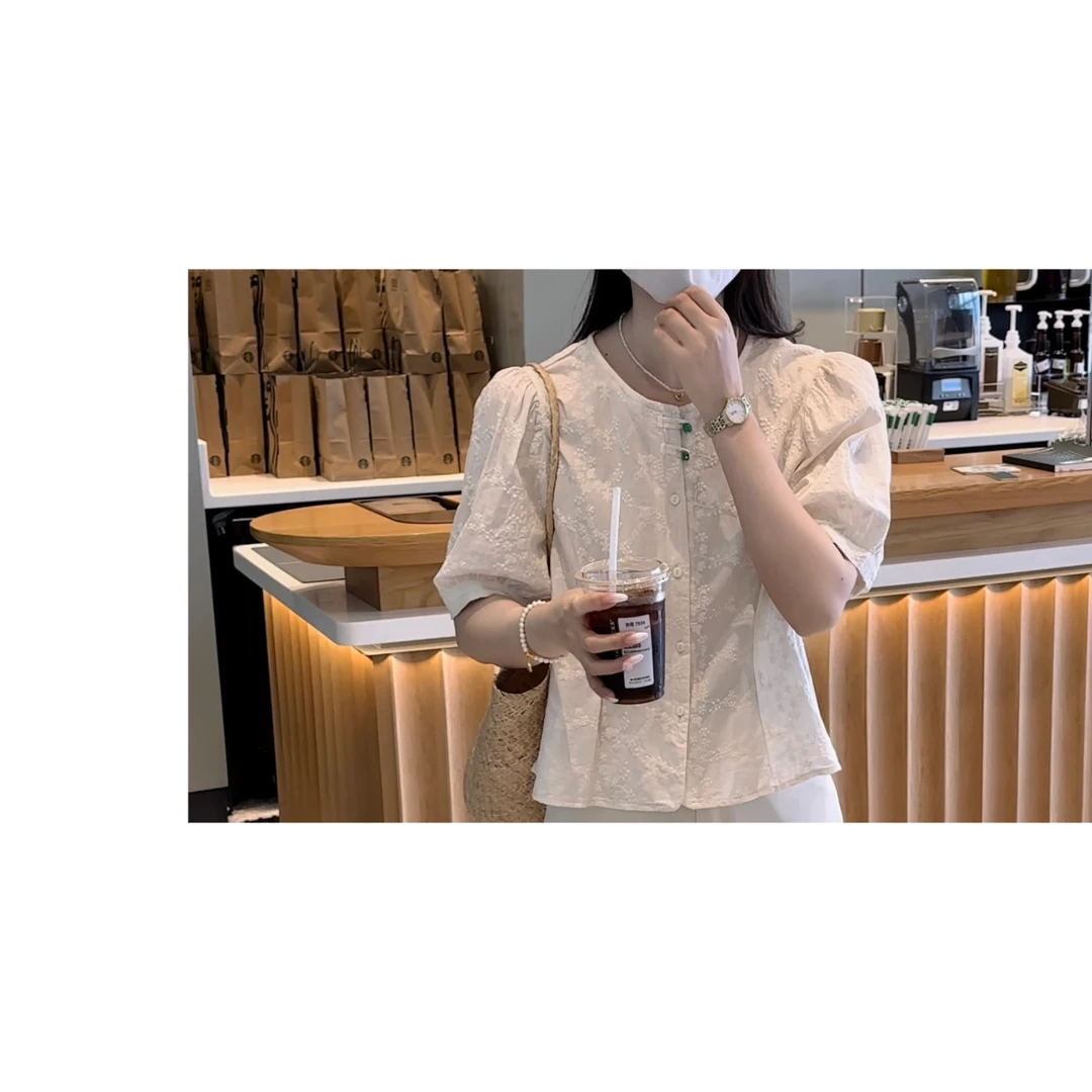 BK STUDIO 2025夏季新款简约提花刺绣夏款纯棉短款精致感衬衫