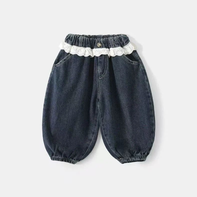 女童牛仔裤2025秋季新款女宝宝时尚灯笼长裤中小童春秋花边裤子潮