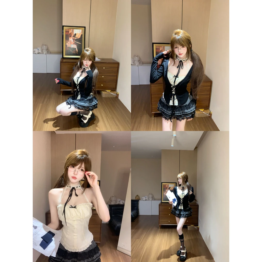 瑞茜·威瑟斯 中古甜心 秋季纯欲甜辣风挂脖吊带开衫半裙 R9285-1D