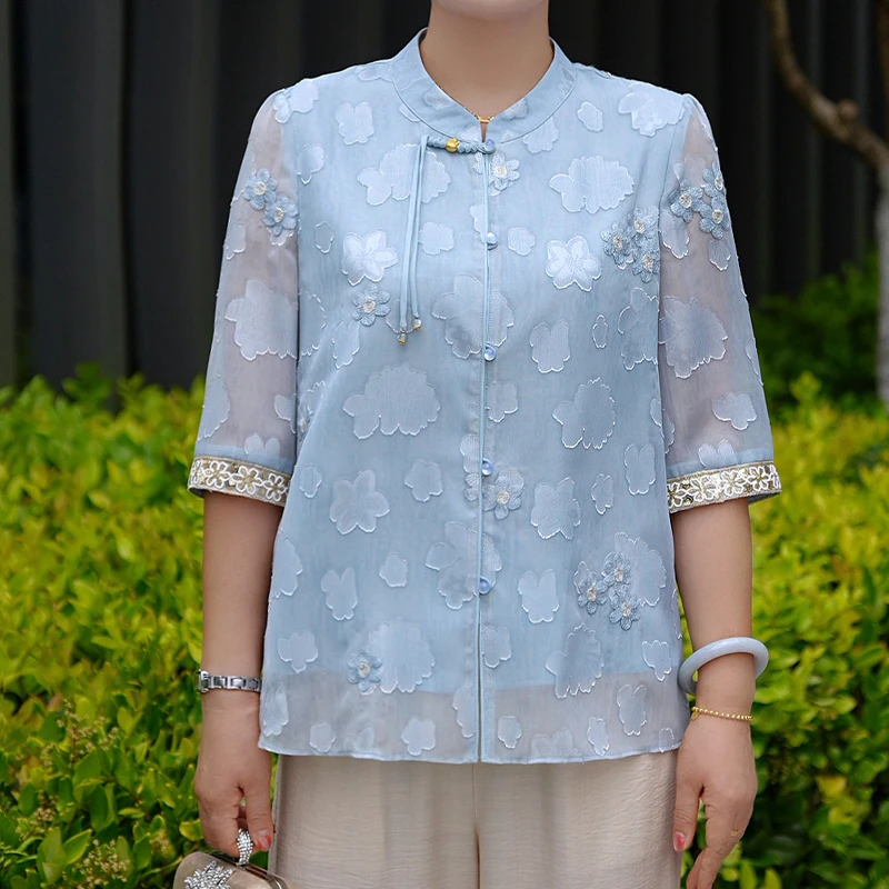 美学家夏装新款衬衫时尚上衣小衫夏季新中式洋气女装开衫B25835B