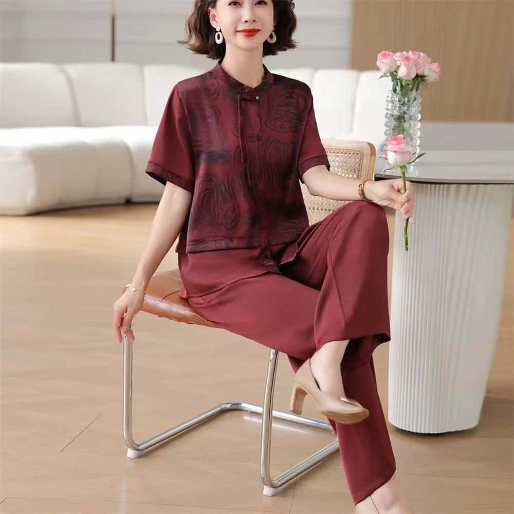 9731-夏季新款新中式妈妈装短袖上衣裤子两件套装轻薄女【A2-1-3】