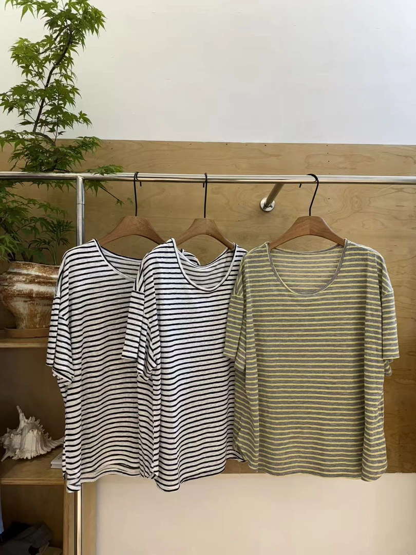 水原家 大版型超舒服竹节棉薄款微透圆领条纹慵懒短袖