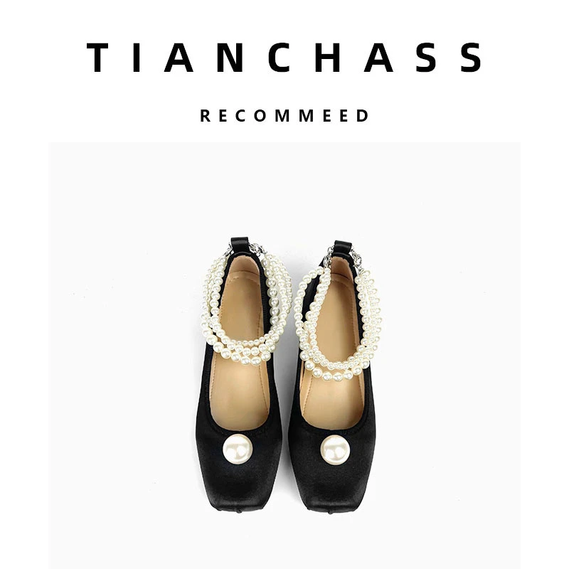 ｛D*珍珠新贵少女｝内增高女鞋2025新款单鞋方头珍珠平底玛丽珍鞋