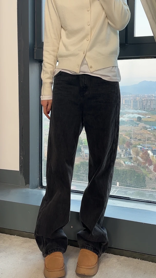 983109杨老板定制款水洗黑植绒直筒牛仔裤