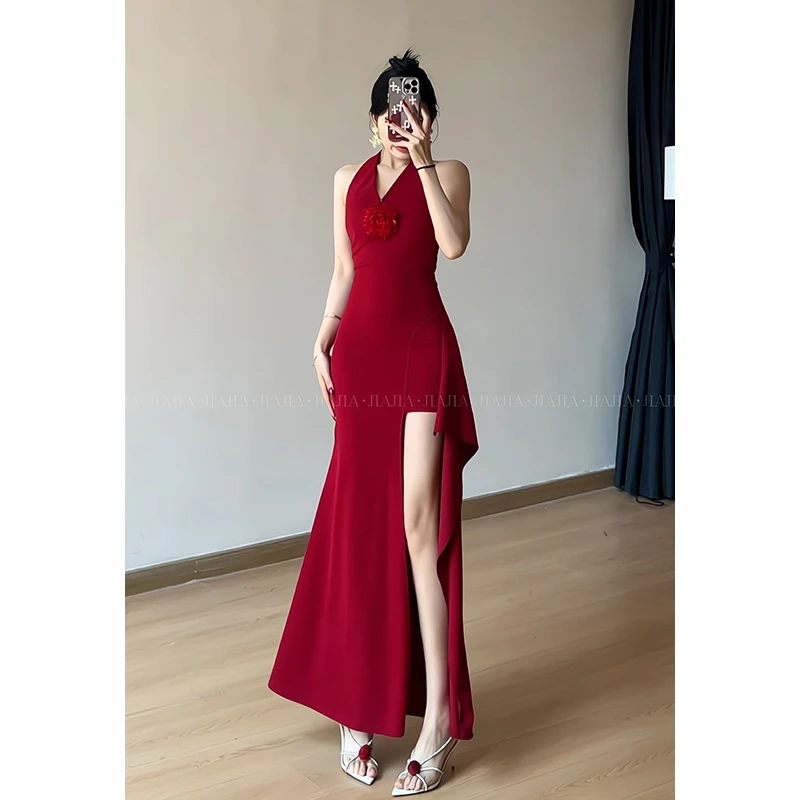 立体花朵挂脖连衣裙女V领夏季修身长裙纯欲收腰开叉包臀裙25009