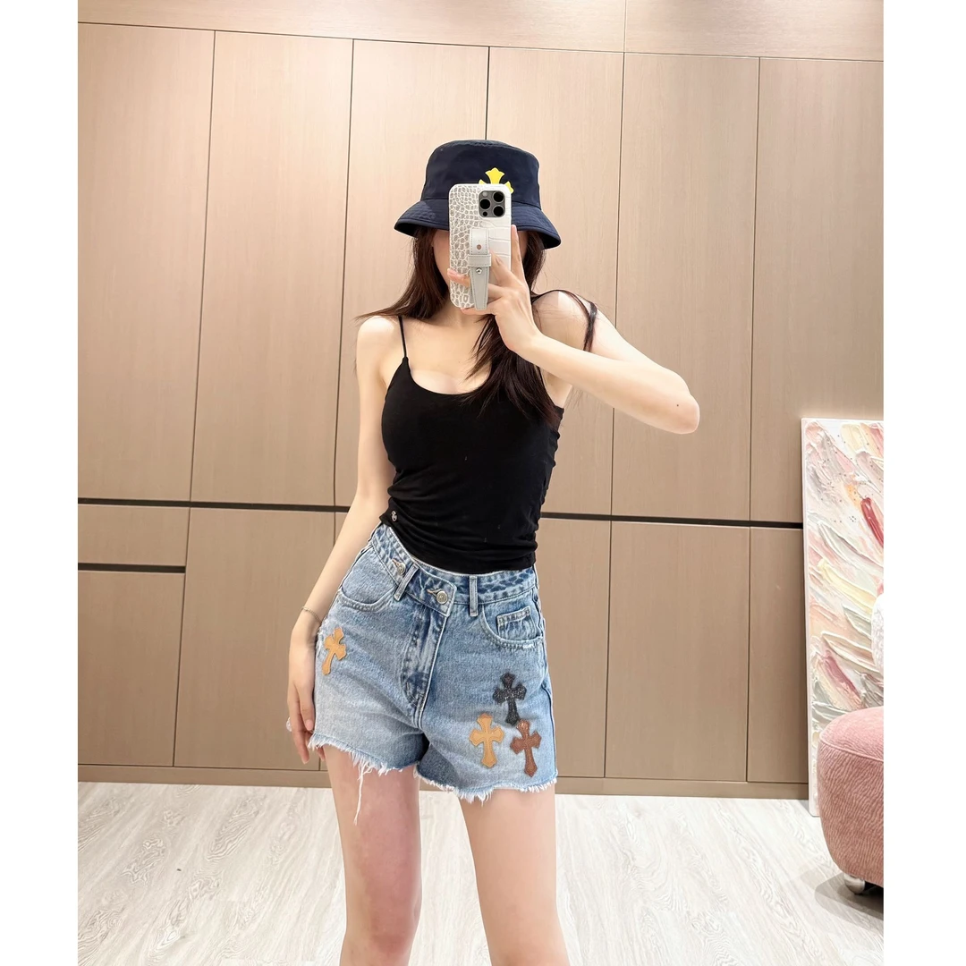 【SEVENWANG】25｜十字拼皮破坏磨烂裤脚短裤牛仔裤9702