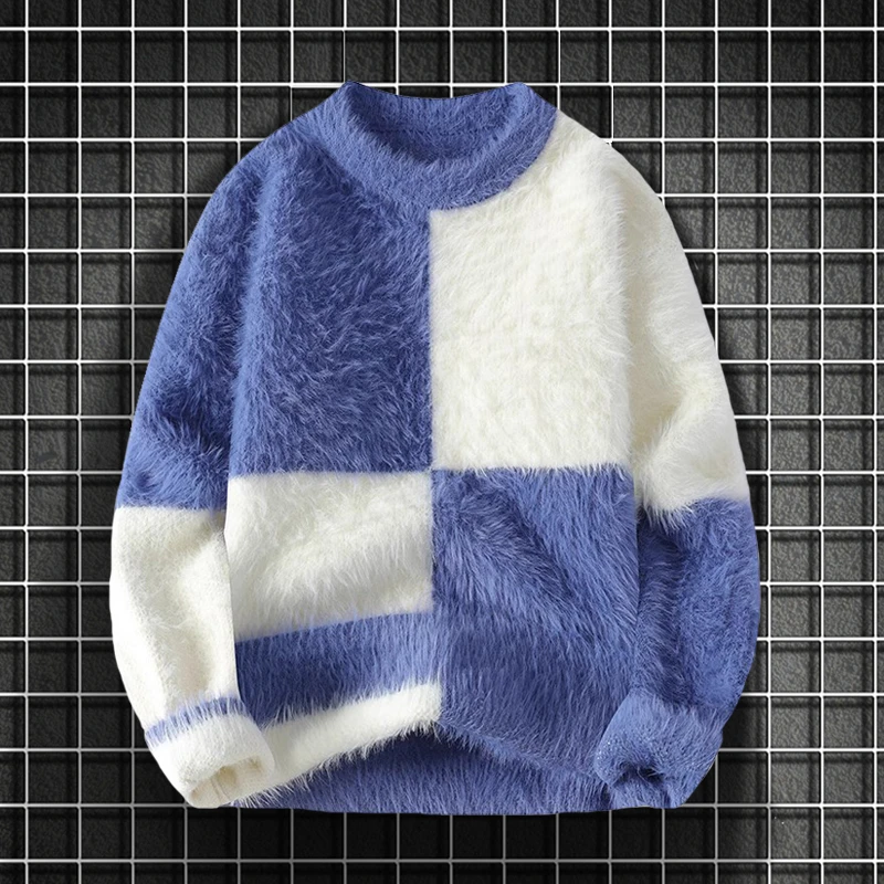 水貂绒毛衣男生秋冬季方格圆领针织衫初中内搭青少年保暖打底衫男