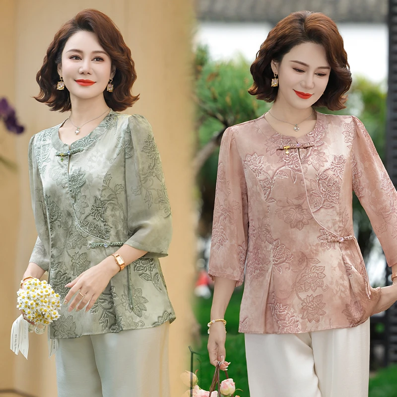 母亲节衣服妈妈夏装衬衣套装2025新款洋气质中老年女装小衫两件套