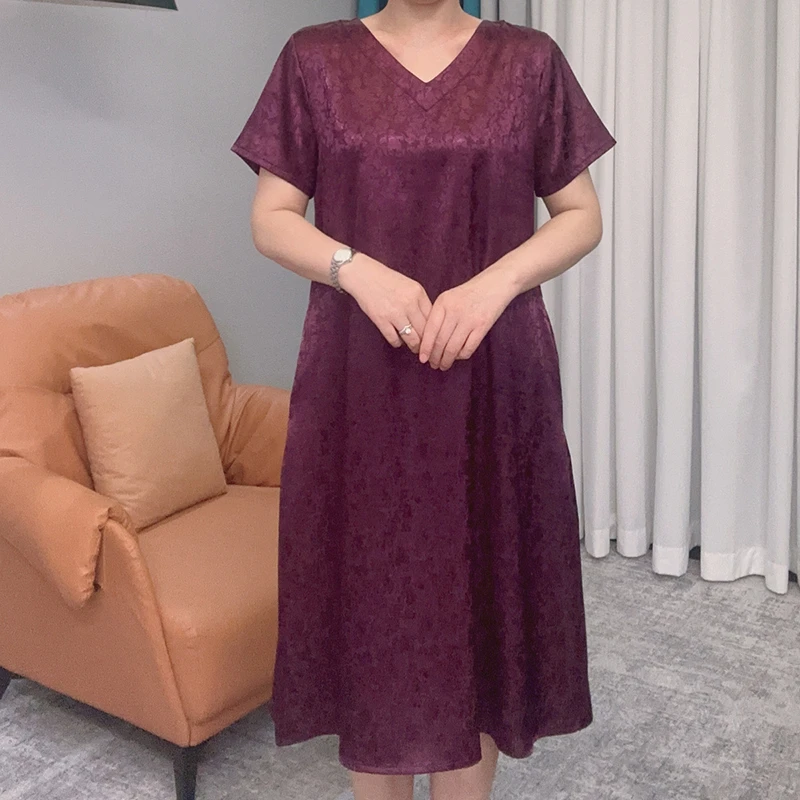 【凤尾】夏季V领套头短袖气质连衣裙女装宽松长裙裙子中老年