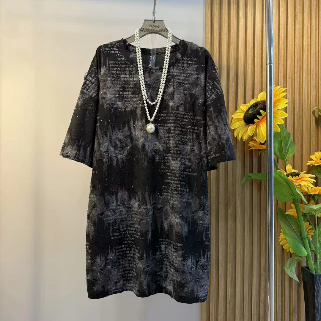 2025夏季新款个性扎染磨破洞大码女装宽松慵懒风亮片薄长短袖T恤