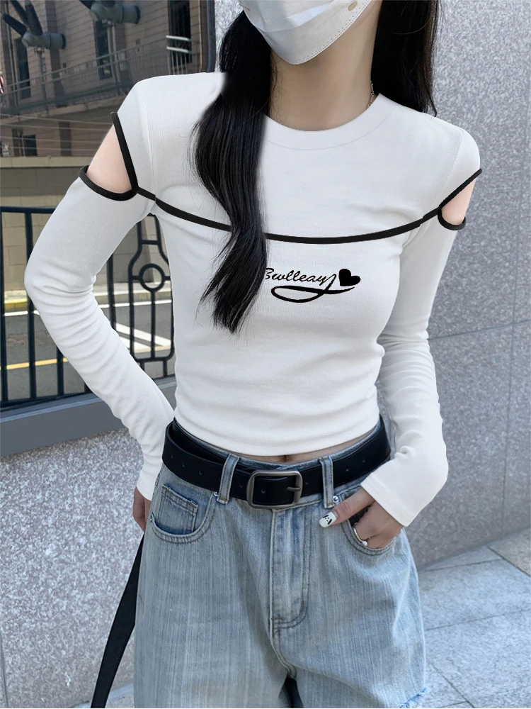 韩系2025秋冬百搭修身上衣打底长袖t恤女装欧货白色显瘦露肩内搭