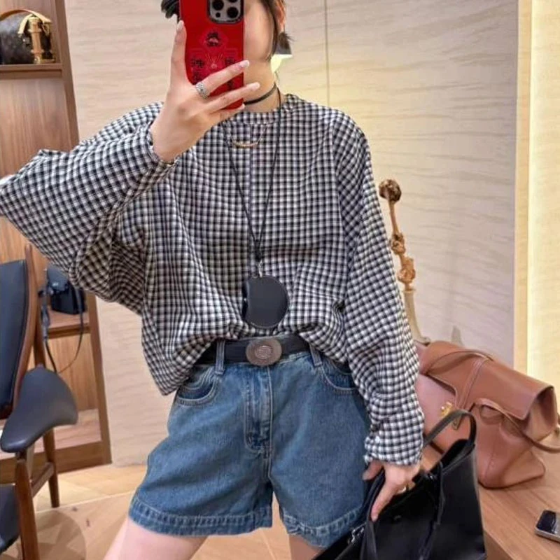 韩系早秋2025新款时尚宽松休闲设计感小格纹百搭显瘦长袖上衣衬衫