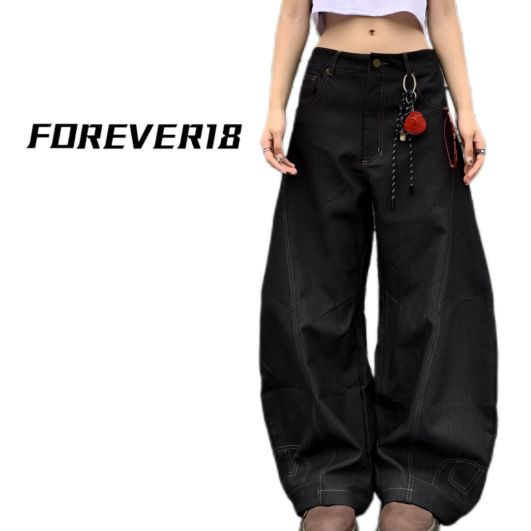 FOREVER18美式复古倒装设计弯刀cleanfit牛仔刺绣加厚阔腿香蕉裤