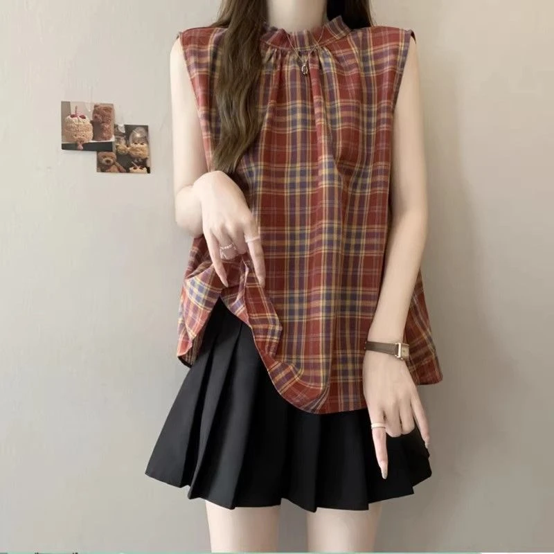 复古格子撞色减龄无袖背心女夏季大码胖MM小众设计感宽松衬衫上衣