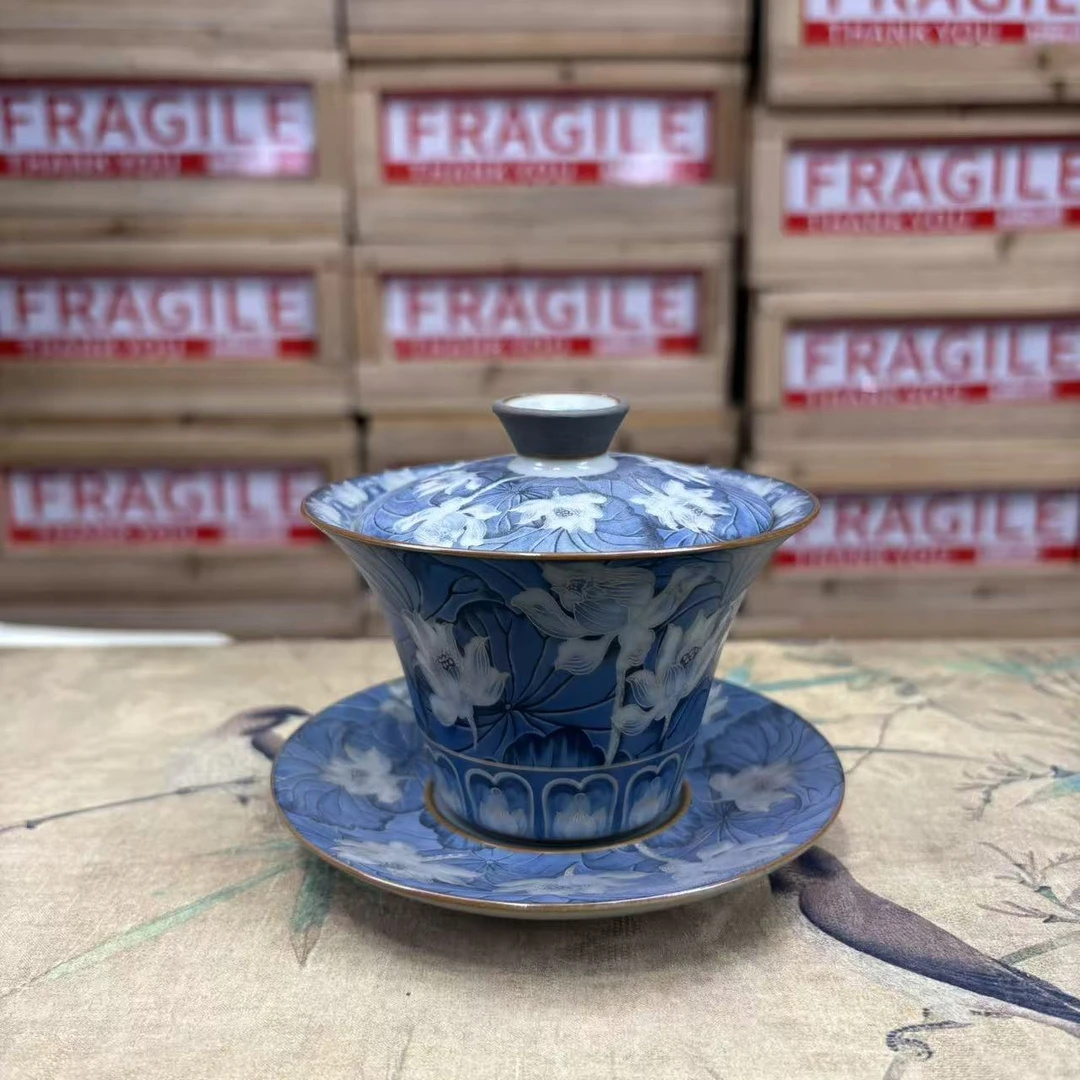 蓝彩荷花马蹄三才盖碗-6006