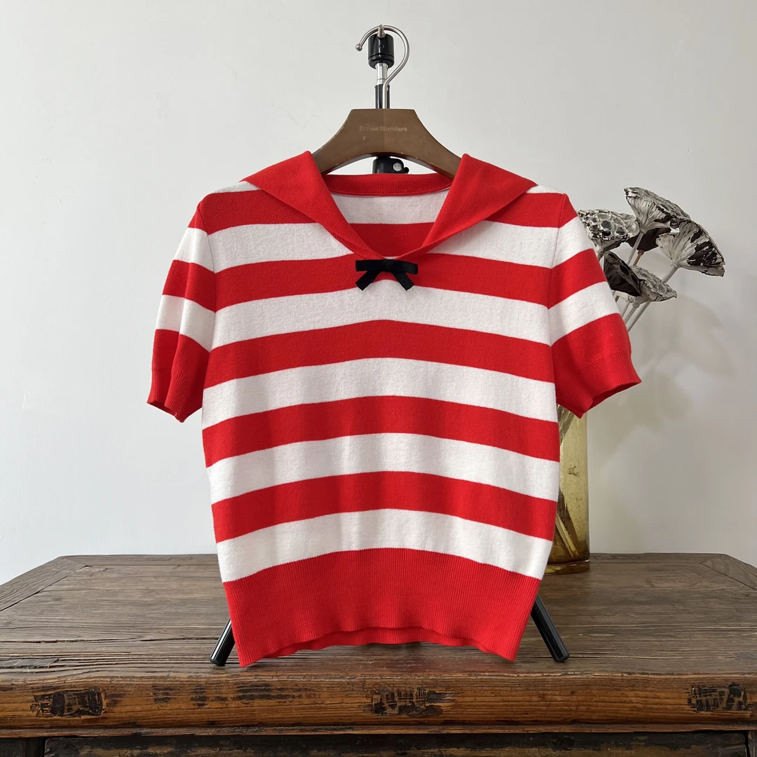【重磅孤品】M*iu*M*iu·红色短袖条纹娃娃夏季POLO领针织衫女装休闲