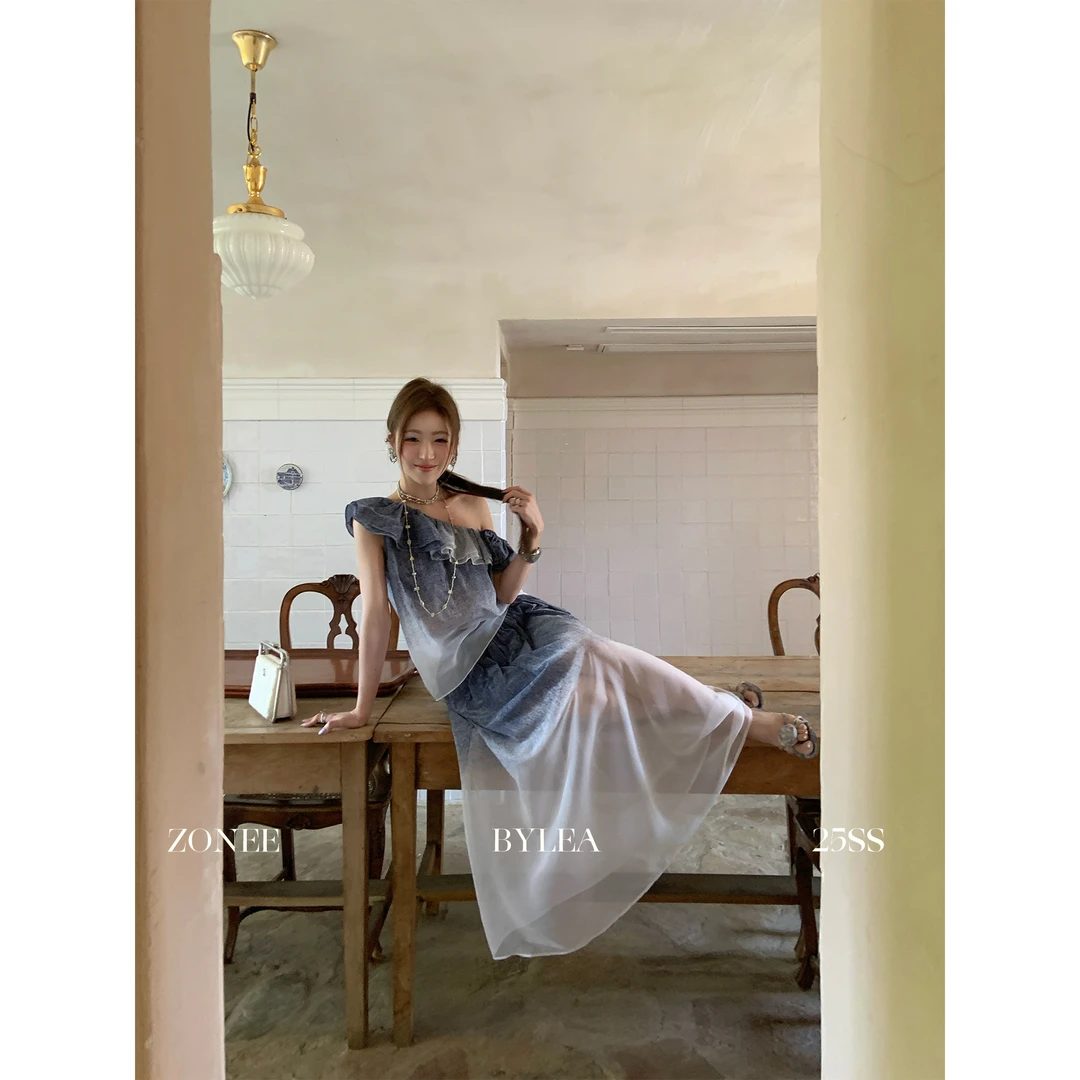 ZONEE 海洋公主丹宁 牛仔雪纺面料渐变！法式牛仔渐变上衣半裙套装