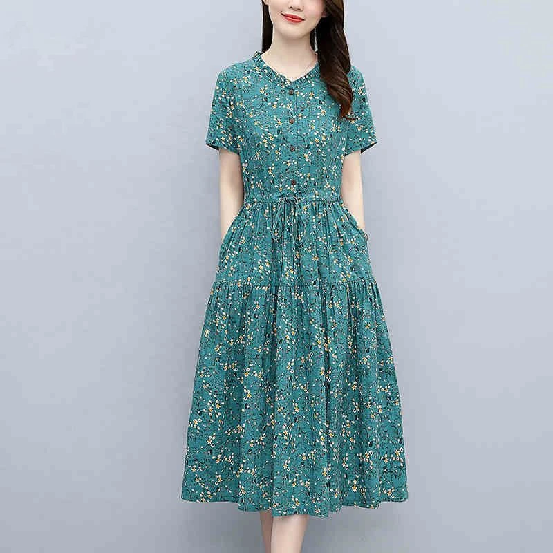 棉麻碎花连衣裙女2023新款夏装时尚收腰休闲宽松洋气减龄中长裙子