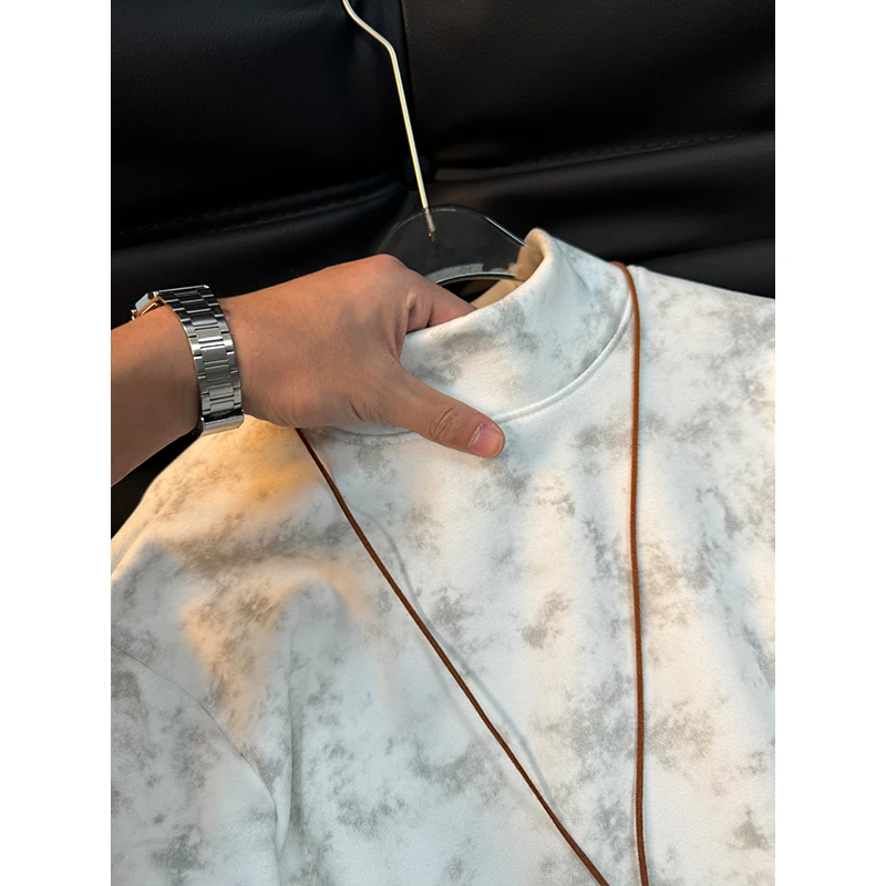 半高领德绒扎染打底衫男款冬季加绒长袖T恤美式复古宽松内搭上衣