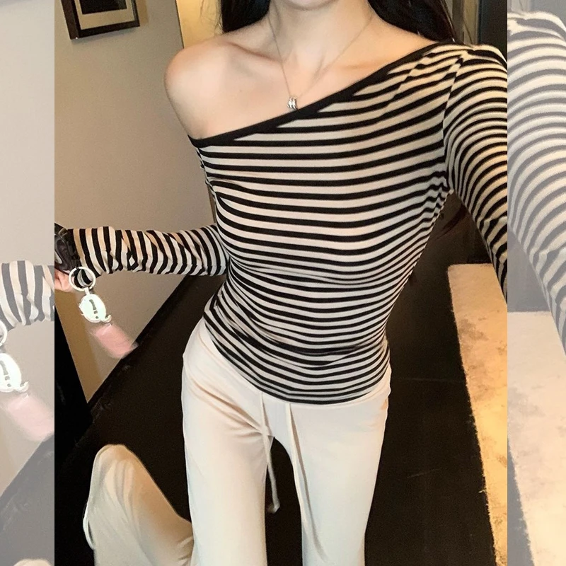 夏季辣妹条纹斜领针织长袖t恤女修身露肩打底衫气质薄款显瘦上衣