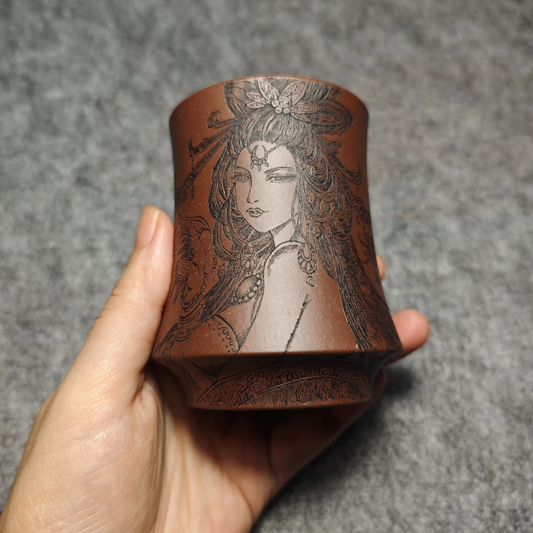 原矿紫泥主人杯，江月刻绘妲己美人