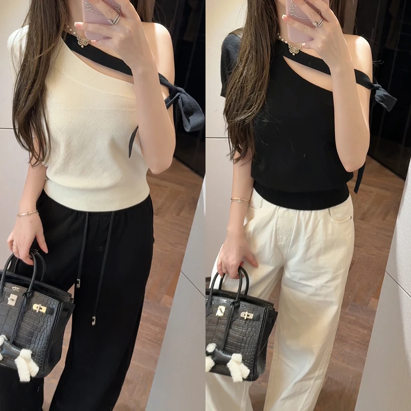 【mimius】&琳琳 纯欲娇俏法式斜肩绑带上衣 WG03008