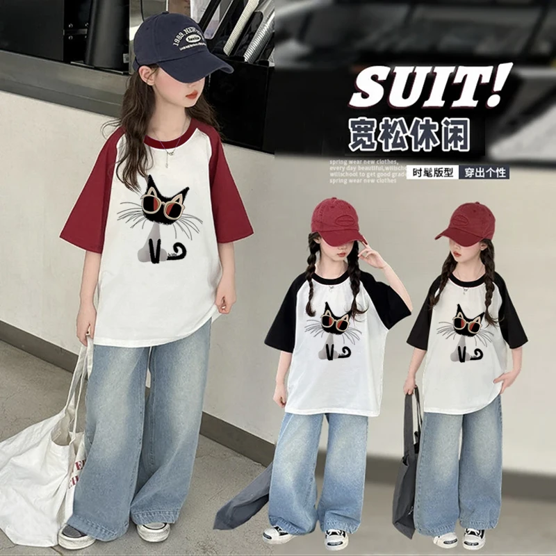 潮牌百搭女童插肩短袖T恤夏季2025新款卡通中大童宽松圆领上衣