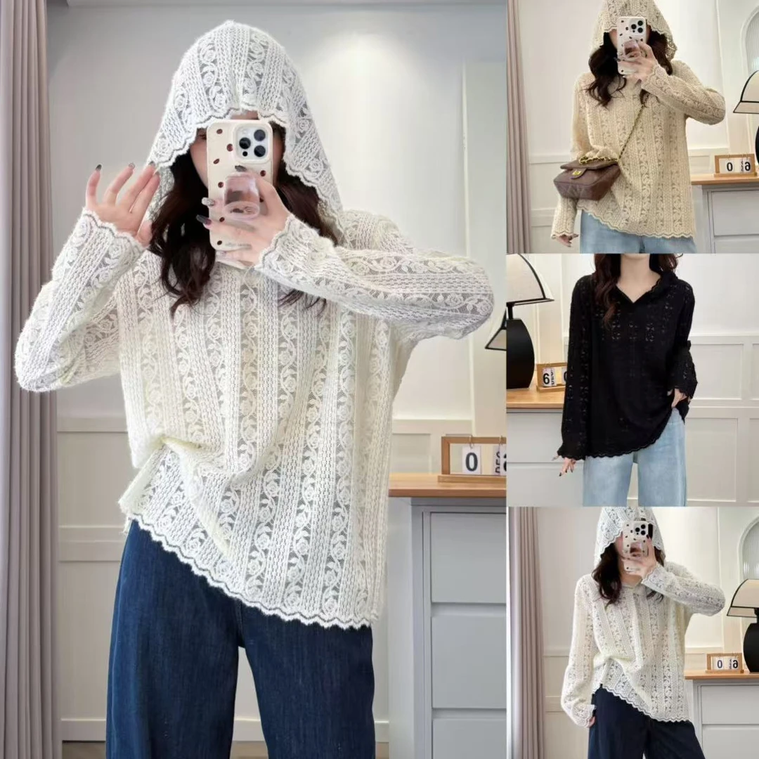 大码新款洋气蕾丝连帽镂空打底衫2178（110-200斤）