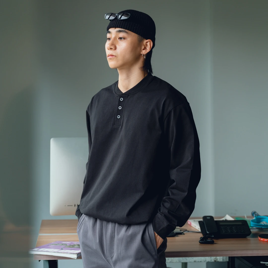 PrintsCrew亨利领长袖日系复古宽松T恤打底衫衬衫秋季男士上衣潮