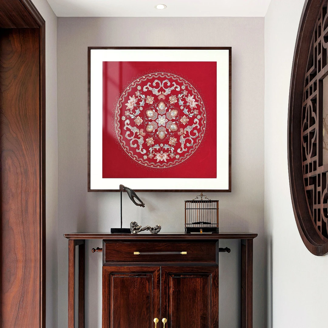 江南刺绣局《宝相团花》敦煌刺绣装饰画 客厅茶室玄关 新中式风格