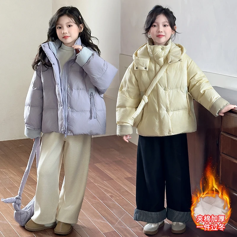 女童棉服冬装2025新款洋气儿童冬季加厚棉衣大童短款连帽棉袄外套