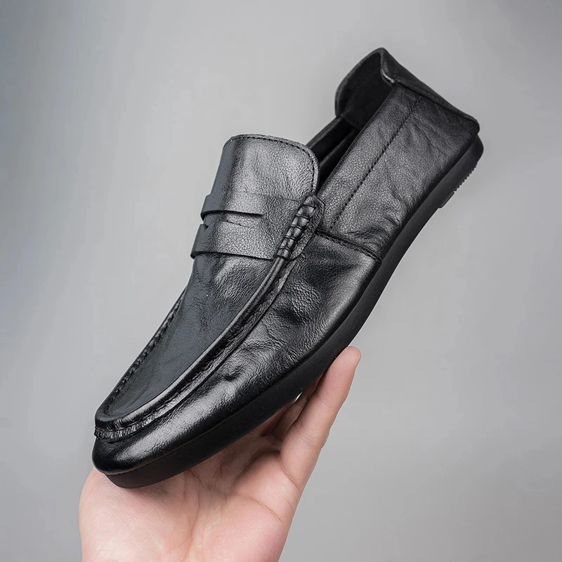 头层牛皮休闲鞋男鞋透气商务手工皮鞋男款一脚蹬豆豆鞋乐福鞋