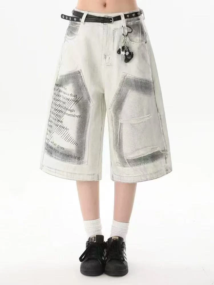 【小雨潮牌】美式脏脏风擦色七分牛仔裤 男女夏季宽松休闲短裤