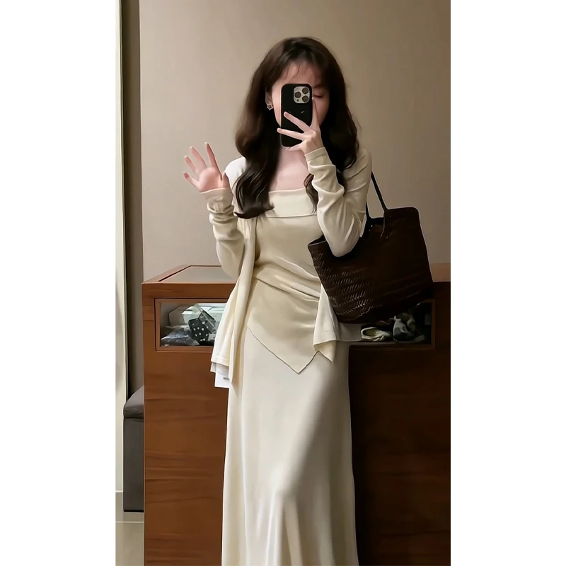 2025早秋新款法式气质宽松针织开衫内搭吊带中长款高腰显瘦半身裙