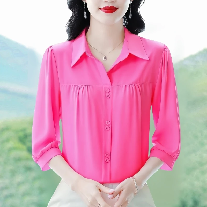 薄款时尚气质七分袖翻领纯色设计感雪纺衫百搭套头春夏洋气小衫