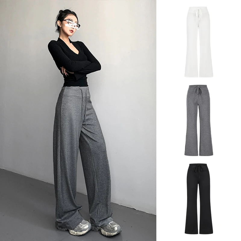 Moses Queen/魔西女王灰色秋冬保暖直筒运动裤高腰垂感休闲阔腿裤