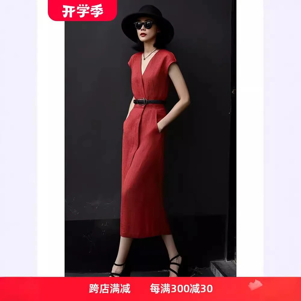 红色连衣裙夏季新款气场强大轻奢高端高级感小香风V领长裙女4220