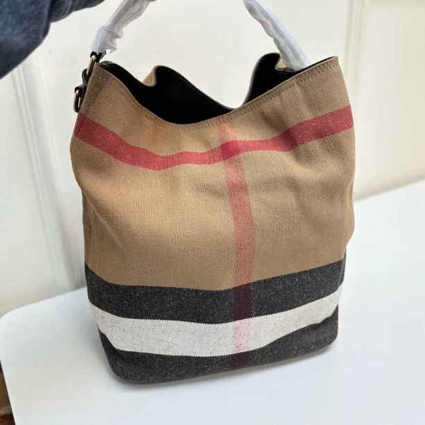 57110 黄麻织物+牛皮大号水桶，单肩斜挎手提包，尺寸：34*19*25cm