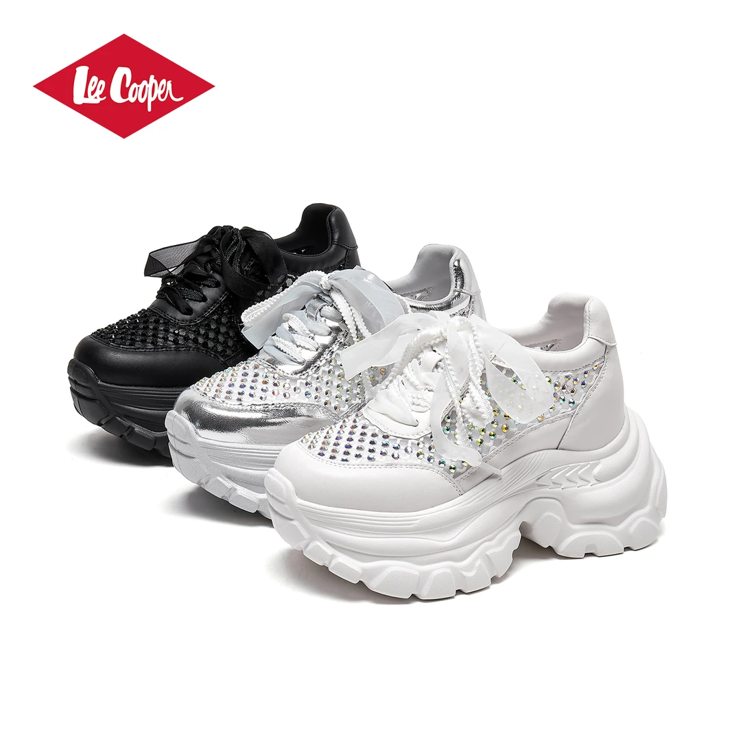 LEE COOPER【9CM增高】厚底增高松糕鞋女2025款网面镂空水钻老爹鞋