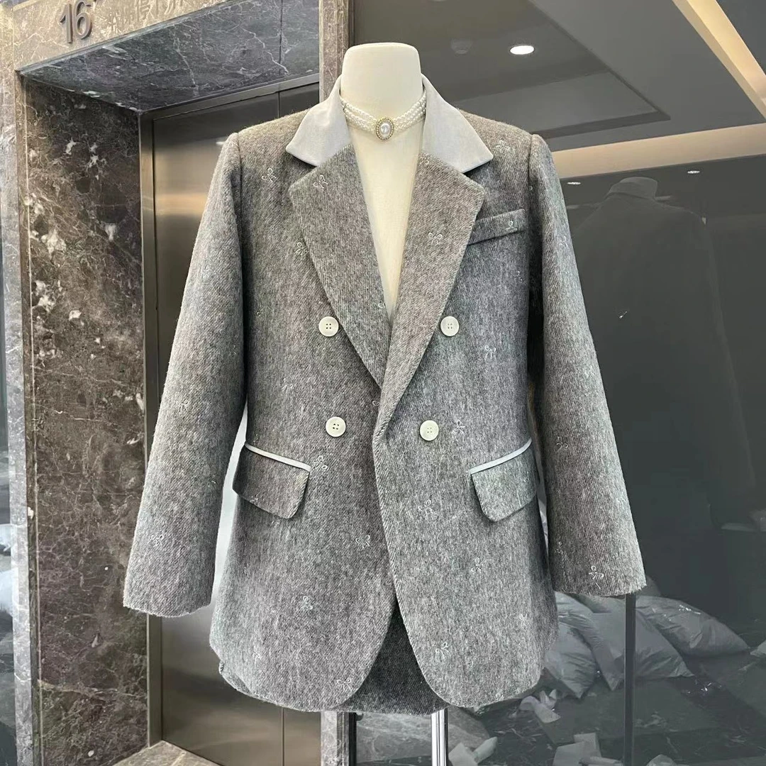 【现货套装】气质高级感西装外套A字裙两件套韩系雾霾蓝蝴蝶结刺绣