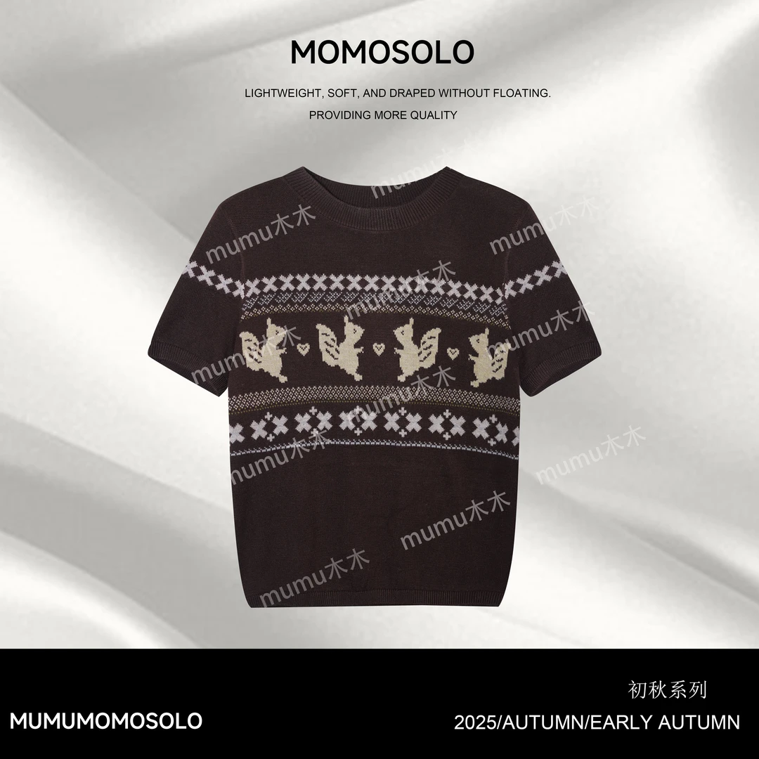 MOMOSOLO•游牧•2025秋北欧费尔岛百搭刺绣羊毛针织短袖YM25Q30012