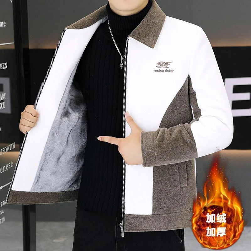 秋冬季加绒夹克男士翻领新款高级感毛呢子褂子短风衣拼色加厚外套