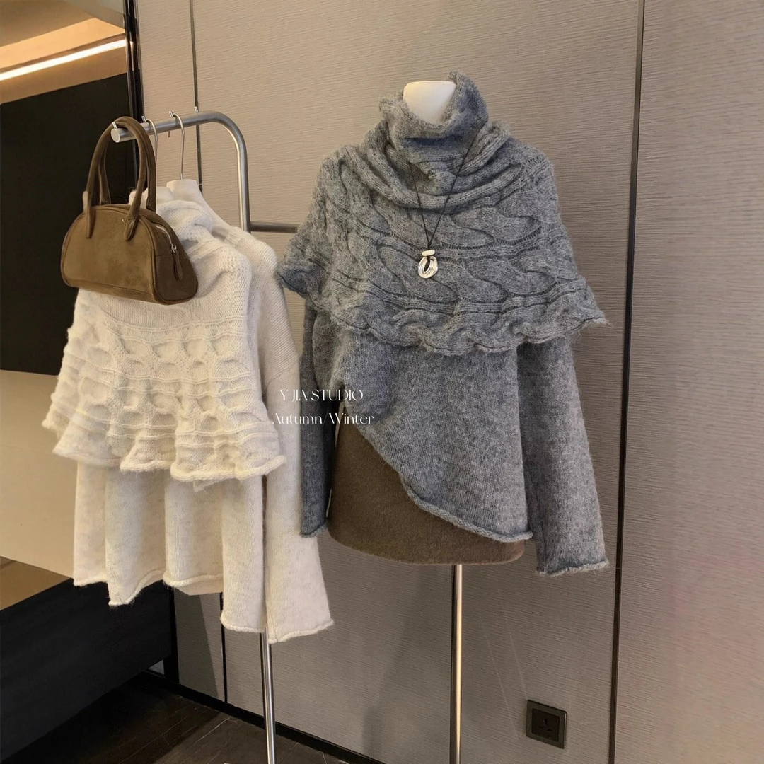 Y.JIA伊嘉秋冬慵懒堆堆领斗篷披肩+宽松显瘦休闲保暖毛衣女1329