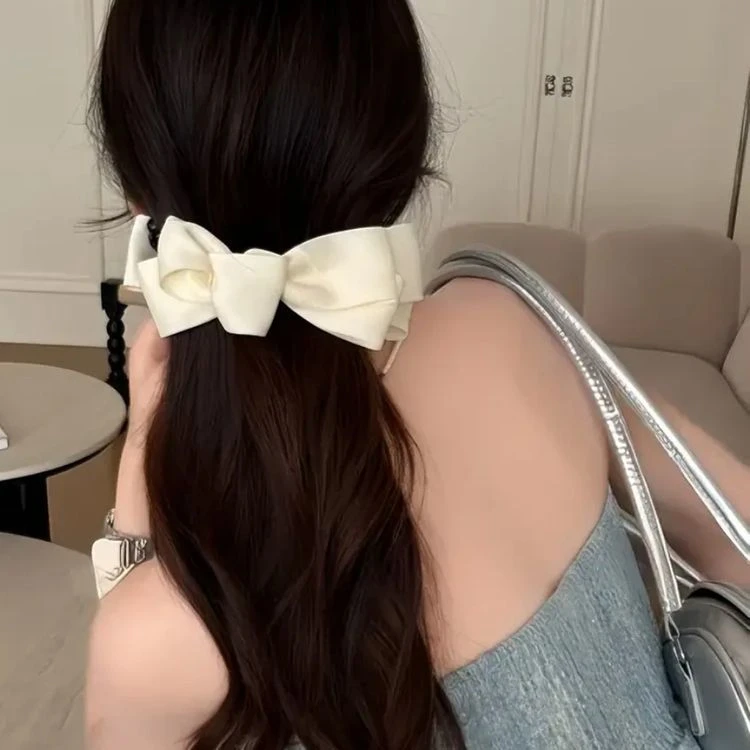 粉色洋装～韩国设计款多层缎面蝴蝶结香蕉夹甜美后脑勺高马尾夹