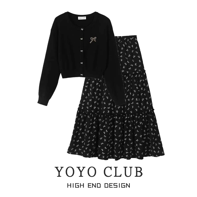 温柔风甜美穿搭一整套2025新款蝴蝶结设计感针织开衫碎花短裙套装