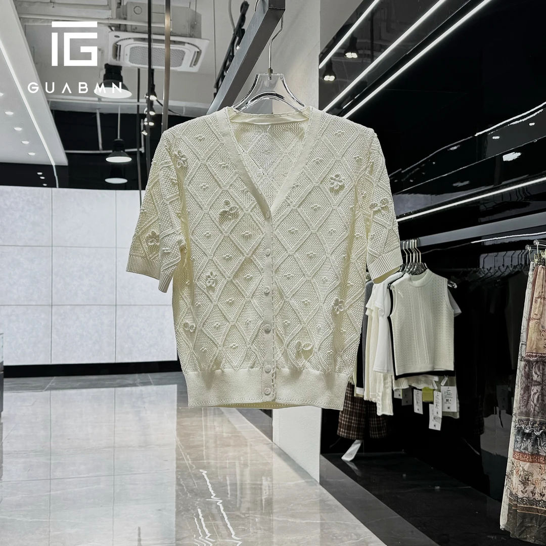 GUABMN2025夏季新款温柔风立体花朵针织短袖小衫初夏穿搭5053