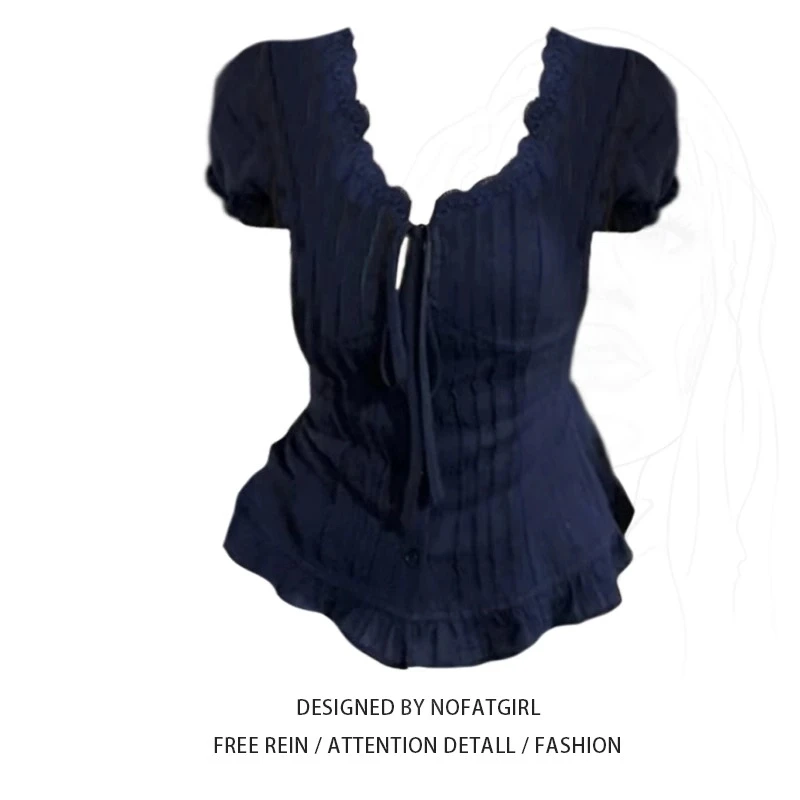 大码胖MM法式复古木耳边泡泡袖衬衫女夏季新款收腰显瘦设计感上衣