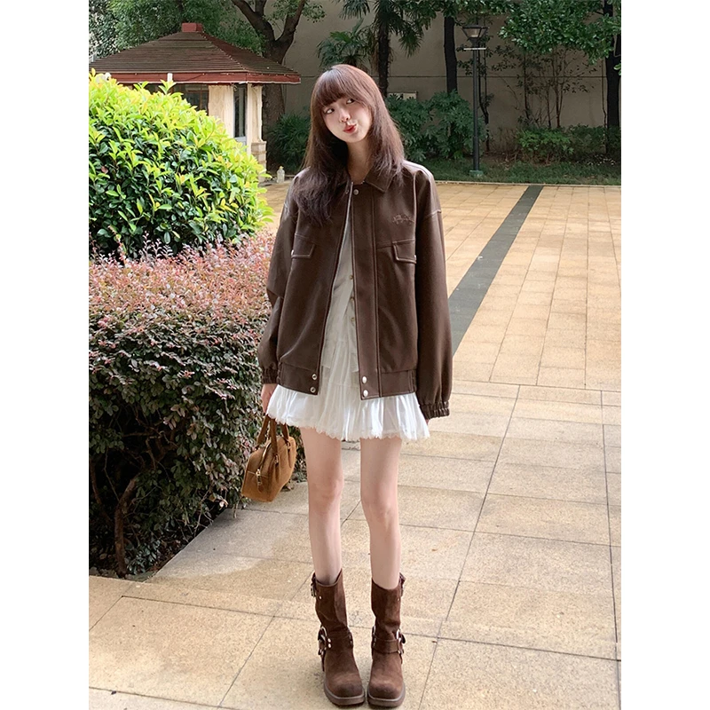 美拉德复古咖色翻领机车廓形上衣女秋季百搭皮衣外套宽松显瘦夹克